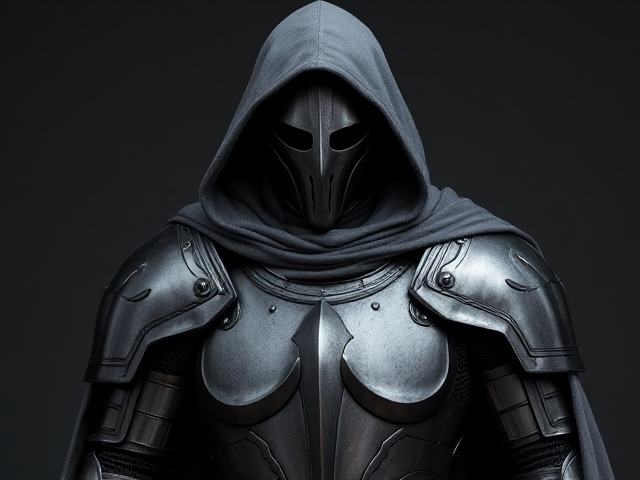 man wearing a suit of armor with a grey cloak and a mask that hides all features