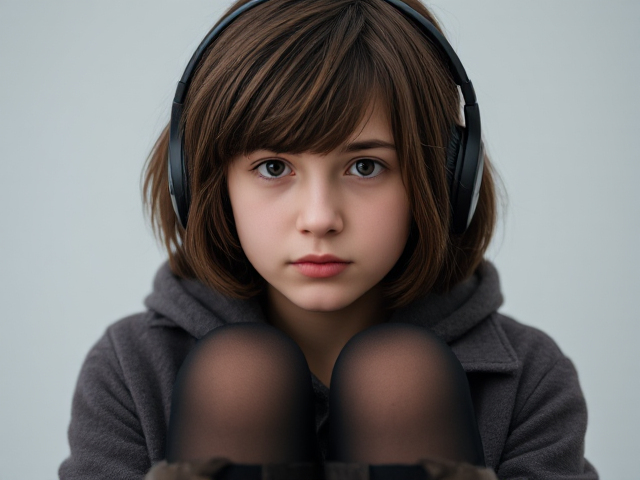 15 year old girl suffering from loneliness, brown dark short shaggy hair, wearing black headphones, dull hazel eyes, wearing a grayish maroon colored jacket,  black stockings, dark brown boots