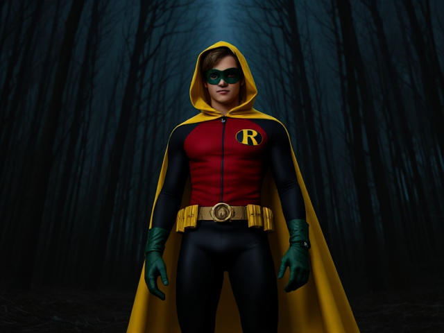 Dramatic and Chilling Movie scene: A young, Autistic 25-year old boy with light skin and brown hair named T.J. Granger, but dressed as a new version of Robin, The Boy Wonder, with an extremely muscular body, wearing a sleek black long-sleeved bodysuit with a red torso with a black circle with a yellow R symbol on his left pectoral, a golden utility belt with a circular buckle with yellow pouches attached to it that hold all of his unique gadgets, green boots, green long-cuffed gloves, a really big, toe-length long, ultra-wide yellow hooded cape wreathed around his neck that drapes around his body, and a green eye mask that protects his true identity, now known as Robin, The Phantom Of The Night. He is currently finding himself standing in the withered forest of a dark and mysterious dimension under an eternal night, looking around at his new haunted surroundings as he tries to figure out how he got there.