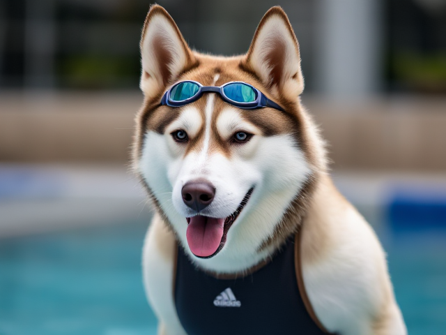 A anthropomorphic Siberian husky wearing an adidas swimsuit and swimming goggles
