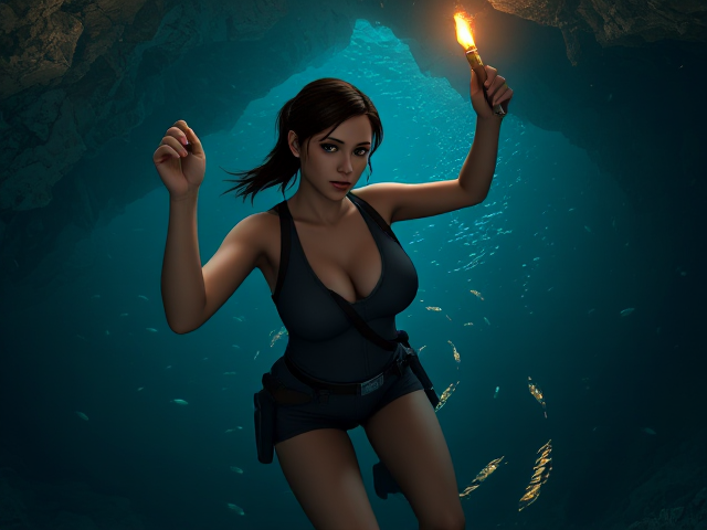 Lara Croft, the iconic video game adventurer, in a suspenseful and serene moment of exploration. She's in the heart of an ancient submerged cave system, her clothes drenched from the surrounding water, which is as dark and mysterious as the secrets she's about to uncover. Her hair is tied back in a sleek ponytail, the deep brown strands clinging to her neck as they're saturated with the cold cave water. With a determined expression on her face, Lara holds a flickering torch aloft with one hand, the warm amber light casting dramatic shadows on the jagged, crystal-laden walls. Her other hand is outstretched, feeling the way through the water ahead as she swims with a grace that belies the danger of her surroundings. The cave's water is a rich azure, reflecting the torchlight in a dance of sparkles that pierces the gloom. Schools of luminescent fish dart around her, their ethereal glow adding a touch of magic to the scene. The water is so clear and still that it mirrors the intricate patterns of the cavern's ceiling, creating an illusion of infinite depth. Around her waist, a utility belt with various gadgets hints at the challenges she's already faced and the preparations she's made for what lies ahead. Her wet boots are visible beneath her, propelling her through the water with a silent efficiency that speaks to her unrivaled skill. The overall atmosphere is one of quiet excitement and anticipation, as Lara, a solitary figure of courage and beauty, continues her quest into the unknown depths.