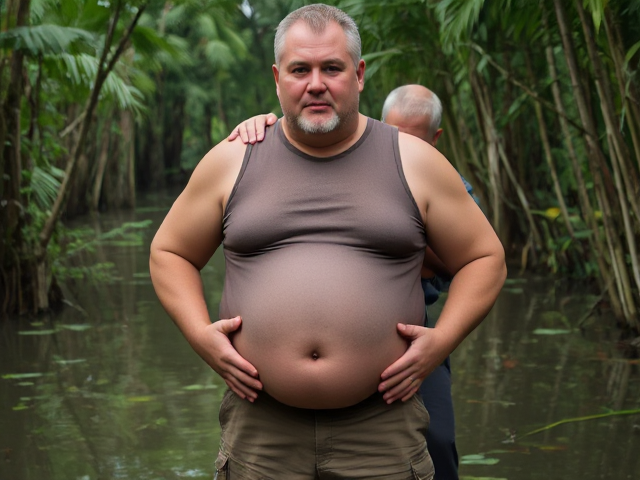 A broad and big man is wearing a tight, sleeveless shirt In a swampy jungle. The man’s shirt clings to his broad chest and arms, emphasizing his strong upper body. The shirt is pulled up slightly, revealing his plump belly, which protrudes softly. His belly button is small and a bit deep, sitting in the center of his rounded midsection. He pairs the shirt with rugged work pants, adding to his solid, hardworking look. His face, with short gray hair and a trimmed beard, has a confident yet relaxed expression, complementing his sturdy, laid-back appearance. An old smaller man side hugs the big man and rubs his belly