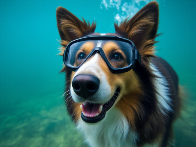 A rough collie wearing Freediving goggles underwater