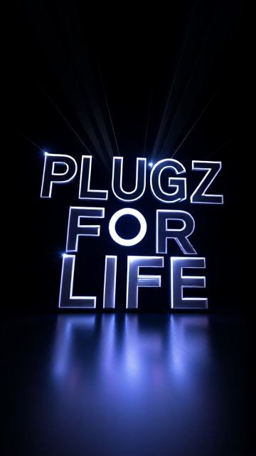 Create a visually arresting 3D logo for PLUGZ FOR LIFE in 8k quality with an ultra-modern, sleek design. Feature bold sans-serif typography dynamically emerging from a pitch-black background. Incorporate electrifying light beams inspired by the Capcut app icon's luminosity, casting deep shadows and striking highlights across the logo. Use cutting-edge curves, crisp edges, and fluid lines to convey speed and elegance. Envelop the logo in a metallic skin with a lustrous, mirror-like finish to reflect light dramatically, imbuing it with vigorous motion. Draw on Pixar's incisive imagery and geometric shapes with a lively color spectrum and polished surfaces for depth. Utilize rendering techniques like Unreal Engine's hyper-realism, Octane Renderer's ray tracing for reflections, and V-Ray's lighting effects to enhance mood. Aim for a surreal spectacle with sci-fi elements, exaggerating every aspect for maximum impact. Include vivid chromatic contrasts and intricate textures for visual allure. The creation should be audaciously lavish, avoiding subtlety or minimalism
