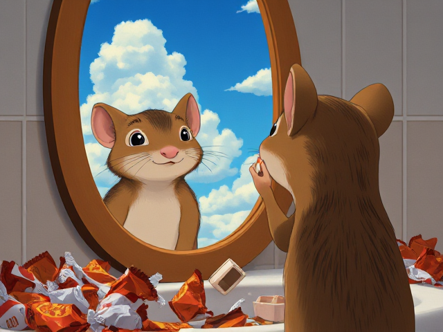 Une petite musaraigne qui se maquille, et qui a a côté d'elle plein d'emballages de chocobons vides. Elle se regarde dans le miroir, dans une salle de bain