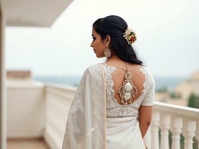 Indian woman dressed in a white saree with intricate white embroidery , and elaborate traditional jewelry including bangles, earrings, and a necklace, her back turned to reveal the detailed work on the saree. And long black hair, and no face showing. The scene is set against a background of her on a balcony in Pakistan