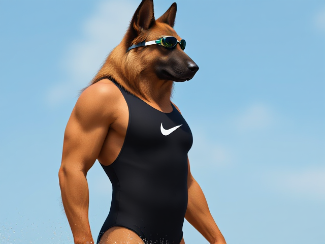 A tall and lean anthropomorphic long haired German shepherd with a long torso and broad shoulders wearing a high cut Nike one piece swimsuit and swimming goggles