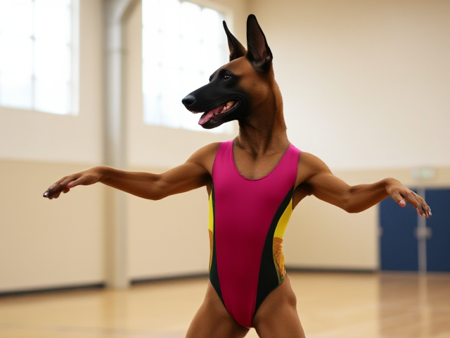 Anthropomorphic Belgian Malinois wearing a colorful gymnastics leotard, performing in a well-lit gymnasium, dynamic pose, detailed fur and fabric textures