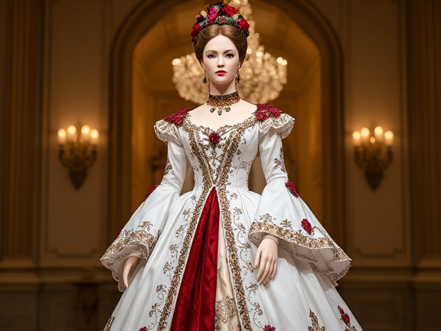Mannequin with a white royal mid 1700s style gown with dark red accents, and floral accents, and cheetah print accents, full body
