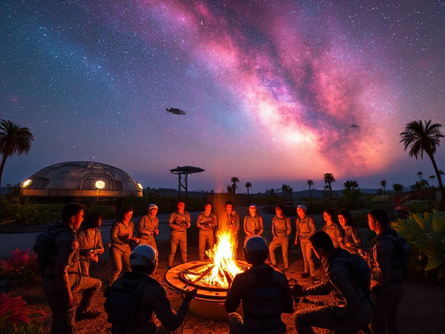 Space colonists celebrating under a vibrant, star-filled sky with futuristic domes and lush greenery around, advanced spaceships landing in the background, colorful alien flora dotting the landscape, joyous expressions on people's faces as they gather around a bonfire, wearing sleek space suits, high-tech equipment visible. Ultra-realistic style, dramatic lighting from both the bonfire and distant stars, wide-angle shot capturing the entire scene