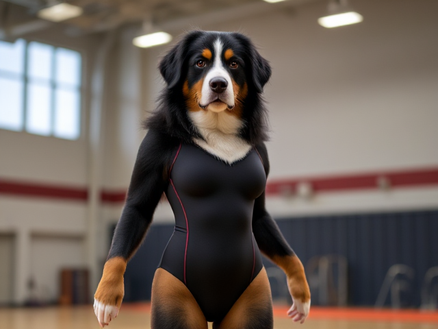 A slender Anthropomorphic Bernese mountain dog with large hips, wearing a gymnastics leotard, in a gymnasium setting, detailed and vibrant
