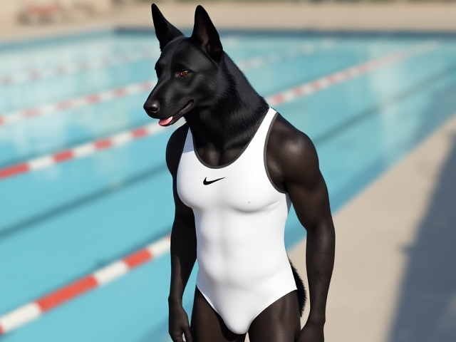 A tall anthropomorphic black German shepherd with a long v-shaped torso, broad shoulders and a narrow waist, wearing a white Nike one piece swimsuit while standing next to a Olympic-Sized swimming pool