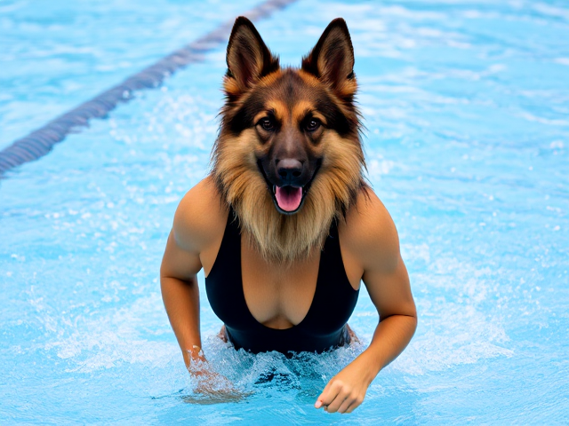 A anthropomorphic long haired German shepherd Olympic swimmer wearing a high cut one piece swimsuit