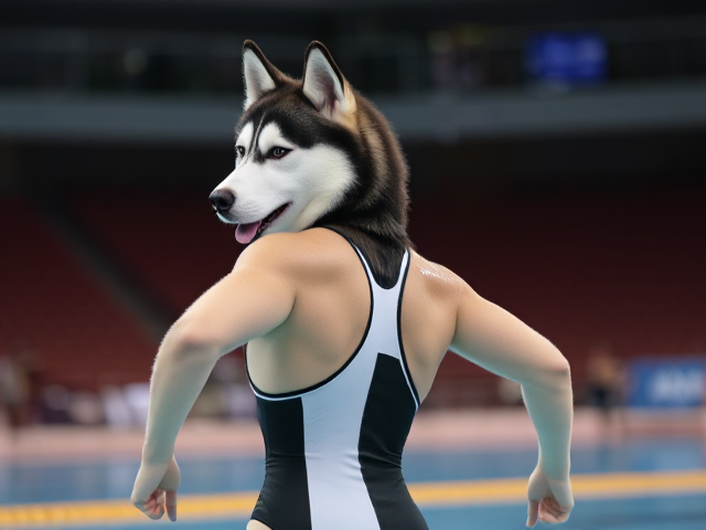 A anthropomorphic Siberian husky Olympic swimmer wearing a sportback swimsuit