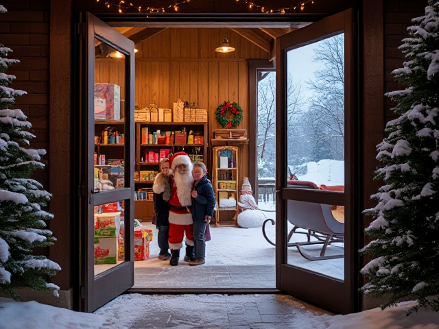 Main Perspective:
The focus is on the open double doors of the workshop, showing a mix of the cozy interior and the snow-covered outdoor area. The family can be placed just outside the doors, while Santa peeks from behind a nearby stack of gift boxes inside the workshop.

Interior Details:
A wall of shelves filled with wrapped gifts, colorful toys, and ribbons is visible. Fairy lights twinkle along wooden beams, and a small workbench is placed near the doorway with a few tools scattered on it.

Exterior Details:
Snow blankets the ground, and a few gift sacks are scattered nearby. The sleigh sits parked a little farther back, with reindeer harnessed and ready to go. Pine trees dusted with snow frame the scene, and a glowing North Pole sign is visible in the distance.

Santa’s Hidden Spot:
Inside the workshop, Santa can peek from behind a tall shelf or a stack of toys, adding a playful element.