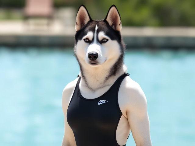 A Siberian Husky with a long torso and broad shoulders wearing a high cut Nike one piece swimsuit
