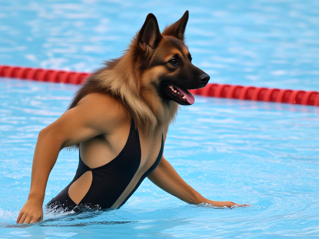 A anthropomorphic long haired German shepherd Olympic swimmer wearing a high cut one piece swimsuit