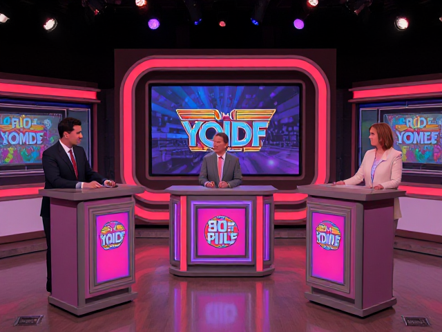 A game show studio with a host and two contestants.  the studio set is decorated with a retro 80's aestetic