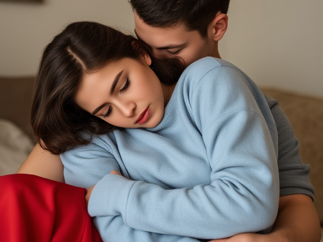 Married thin brunette wearing a light blue sweatshirt and red maxi skirt asleep carried by her loving husband
