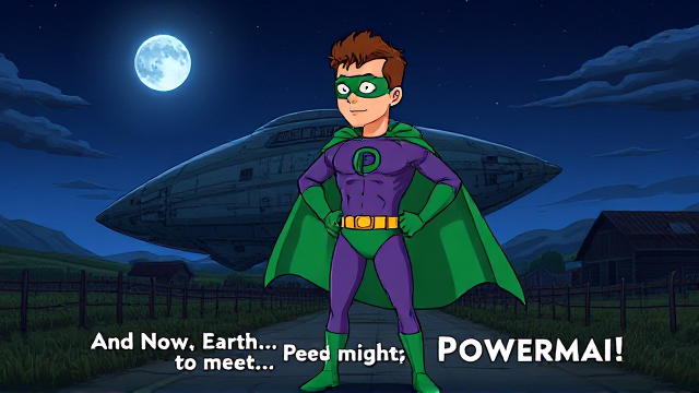 Dramatic Comic Book scene: A young, Autistic 25-year old boy with light skin and flat, smooth, and slick brown hair with a singular curled bang in the shape of a P sticking out at the front named T.J. Granger, but transformed into a genetically-altered superhero named Powerman, who, despite still being a young adult kid, has an extremely muscular body. He wears a sleek purple bodysuit with a green P symbol on his chest, a golden belt with a circular buckle, green briefs, green boots, green long-cuffed gloves, a really big, toe-length long, ultra-wide green cape wreathed around his neck, and a green eye mask that protects his true identity and also causes his pupils to magically disappear as his eyes glow an eerie white. He also has incredible and invincible superpowers flowing through his veins. In this scene, Powerman is currently standing in front of a crashed alien mothership on the outskirts of a farm at night, ready for action as he prepares to take flight for the first time and fulfill his destiny. The subtitles at the bottom have Powerman say, "And now, Earth... Prepare to meet... The mighty POWERMAN!!"