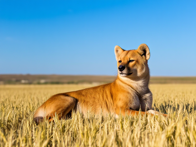 Hyena relaxing in a golden wheat field, surrounded by the expansive rural landscape of North Dakota under a clear blue sky, during daylight hours