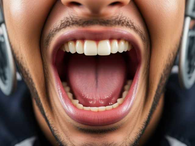 A football player mouth open, two teeth missing