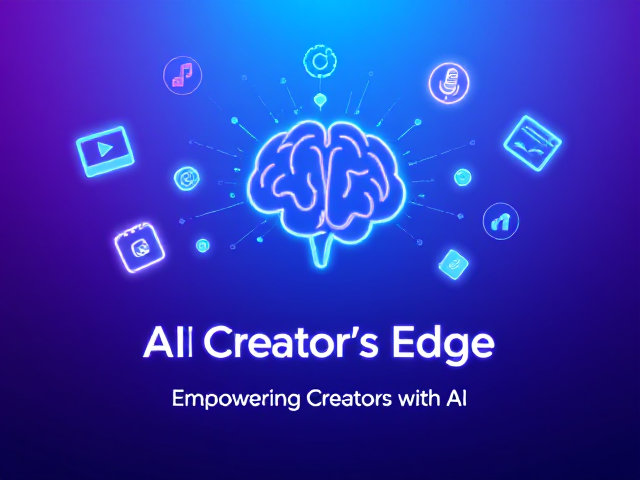 A sleek and futuristic design showcasing a glowing AI brain icon with interconnected nodes, surrounded by floating icons representing video editing, podcasting, and graphic design tools, all set on a gradient background transitioning from deep purple to vibrant blue, with the text "AI Creator's Edge" in bold, modern, neon typography at the center and the tagline "Empowering Creators with AI" in a sleek white font below, the lighting is dynamic and vibrant, exuding creativity and innovation --v 5 --stylize 1000