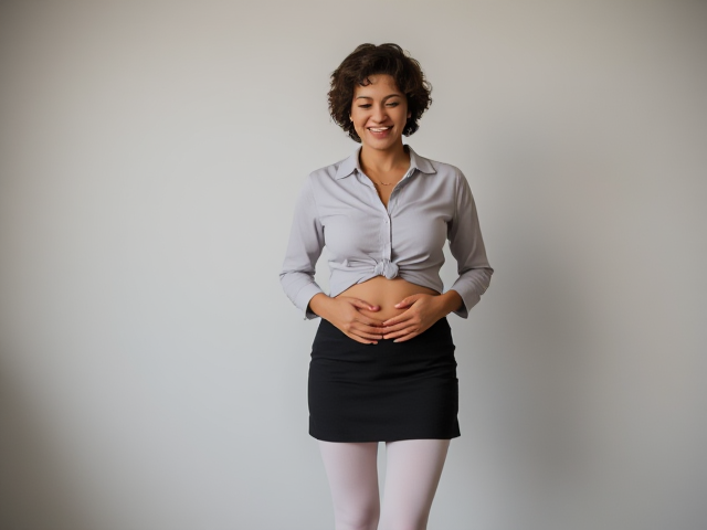 beautiful semitic woman with short curly hair in white stockings, short skirt, a blouse and black heels holding her stomach while giggling her head off