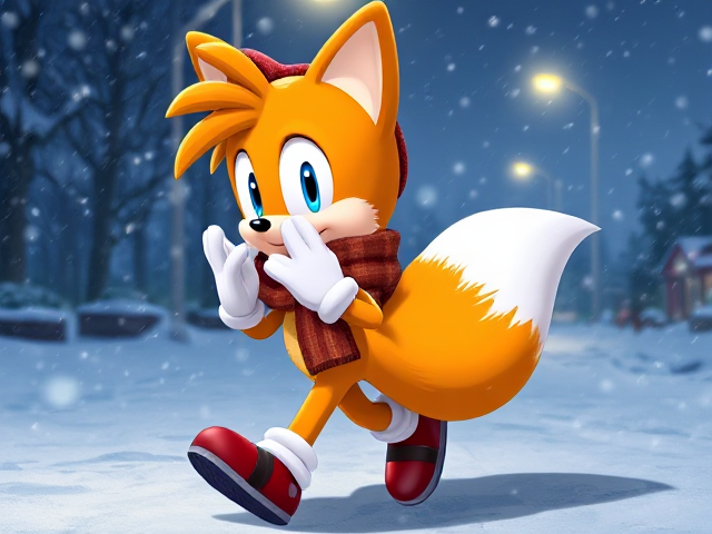 A highly detailed, full-body side shot illustration of a young and adorable Miles "Tails" Prower from the Sonic the Hedgehog video game series. Tails is walking outside late at night during a fierce snow blizzard. He is wearing a cozy scarf and winter hat, but the intense blizzard is hindering his progress. Tails’ two fluffy tails are blowing violently in the strong wind behind him. His hands are outstretched in front of his face as he tries to shield himself from the harsh wind