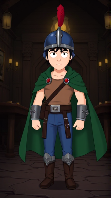 Dramatic Cartoon scene: Stan Marsh from South Park, light skin and black hair, but as a 14-Year Old teenager with a muscular torso, dressed as a medieval warrior, wearing a light brown tank top, a black belt with a silver square buckle adorned with a red castle emblem, blue jeans, steel armored boots, jeweled wrist cuffs, a really big, heel-length long, ultra-wide green cape held up by two silver buttons with red jewels with a strong unbreakable wire connecting them both, and a blue helmet with buffalo emblems on both sides, outlined by silver steel rims going around and across the top, with a really long red feather sticking out at the top. He is now known as Sir Marsh. Despite still being a teenage kid, he is the Youngest Commander of the Zaronian Army, and one of the youngest and greatest heroes hailing from South Park, Colorado, but now reborn as the real life Kingdom of Kupa Keep, Zaron. The young teenage hero is currently standing in a dark, abandoned tavern, intently awaiting the arrival of someone he knows.