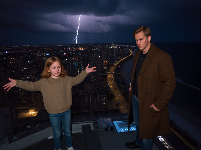 A petite 13-year-old girl with strawberry blonde hair, wearing a pullover and jeans, is standing on the roof ledge of a night club. Next to her on the roof, standing nearby is a modern-day, pale skinned vampire in his late twenties, with blonde hair, dressed in a brown trench coat and jeans. He appears uneasy as he looks at her. The girl gestures angrily at him, flailing her arms outwards and scowling at him. A thunderstorm approaches the cityscape from the sea shore. Set at night.