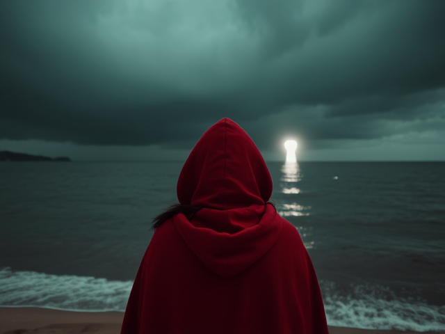 A woman with dark hair, wearing a red hooded cloak, standing on a beach, looking out onto the water,  where there is a man of light,  Jesus calling her out on the water, the water is dark and the sky is greenish and stormy.