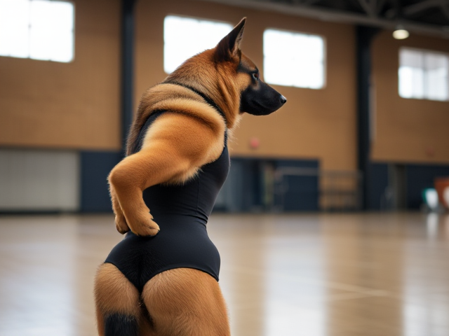 A anthropomorphic German shepherd with a strong butt wearing a gymnastics leotard in a gymnasium