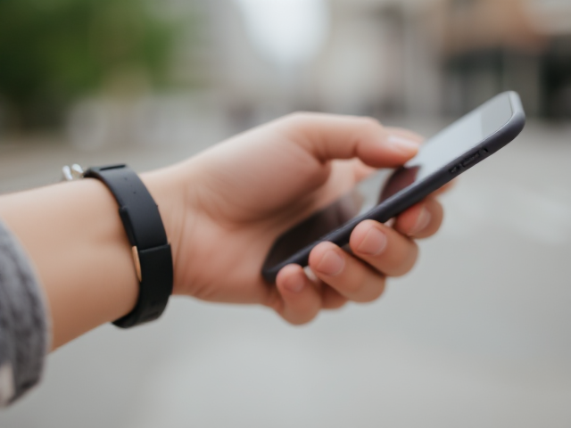 Close up and an arm and hand holding a phone