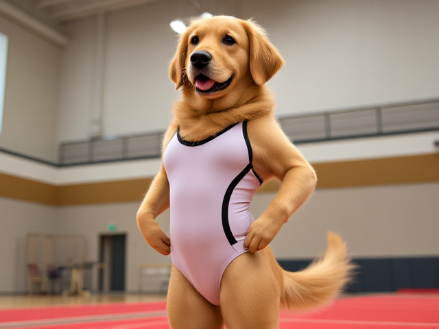 Anthropomorphic golden retriever with large hips, wearing a gymnastics leotard, in a gymnasium setting, detailed and vibrant