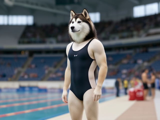 A tall ((anthropomorphic)) Alaskan malamute Olympic swimmer with a long torso  wearing a one piece swimsuit standing on the pool deck