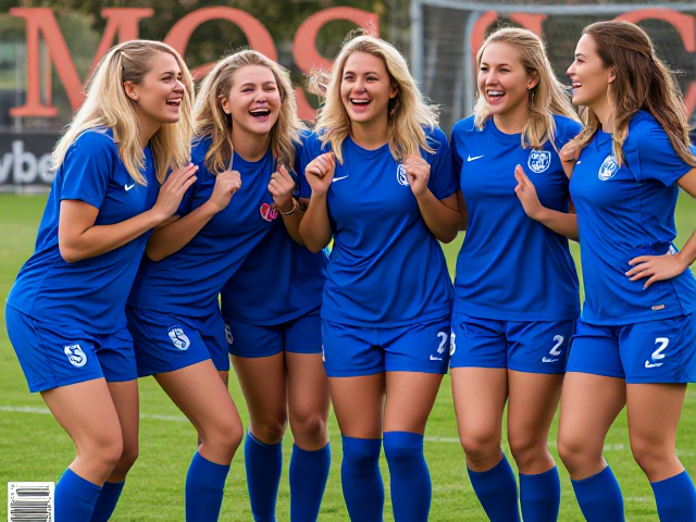 Beautiful forty-something blonde women’s soccer team in blue uniforms with blue thigh-high socks howling in laughter on a magazine cover