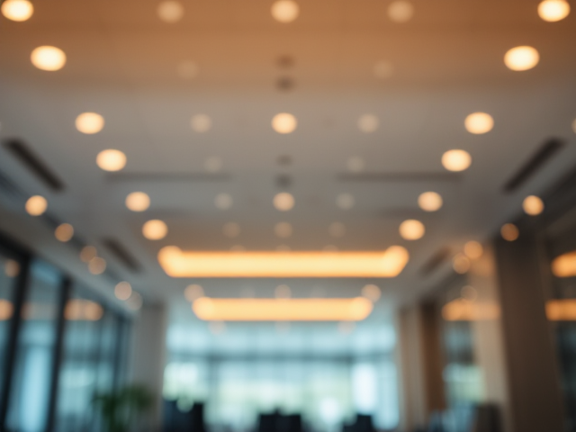 Create a blurred corporate office setting as the background. The scene should have ceiling lights and structural details, such as walls and windows, but everything should appear slightly out of focus. Add a soft golden glow across the top portion to give it a warm, professional feel. The overall ambiance should reflect a luxurious yet formal workspace environment.