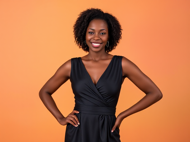 Elegant and confident 45-year-old black woman, full body portrait, wearing a stylish dress, natural pose, vibrant background, high detail, realistic skin texture