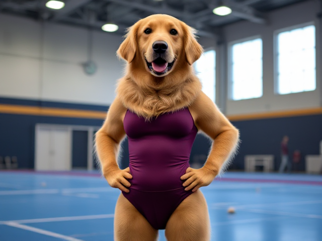 Anthropomorphic golden retriever with large hips, wearing a gymnastics leotard, in a gymnasium setting, detailed and vibrant