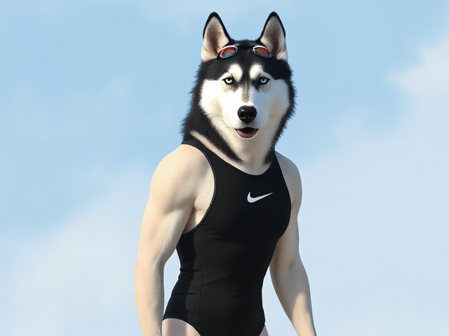 A tall Siberian Husky with a long torso and broad shoulders wearing a high cut Nike one piece swimsuit and swimming goggles