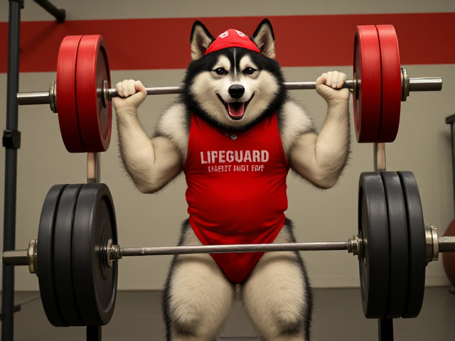 A anthropomorphic alaskan malamute wearing a red lifeguard one piece swimsuit deadlifting a barbell