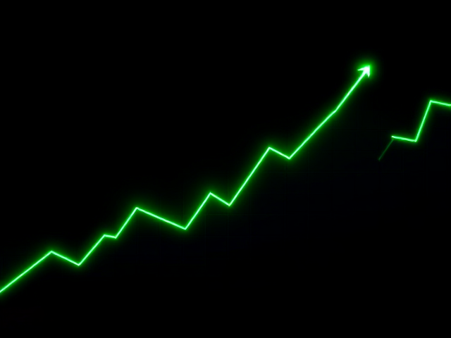 Create a realistic and dynamic background with a glowing, upward-trending line chart or graph. The chart should have sharp, distinct green lines representing financial growth or success. The green light should glow brightly, casting a radiant effect on the surroundings. Add subtle lighting effects around the chart to emphasize its movement, with lines curving upward, creating the impression of progress and increasing value. The background should be dark to make the glowing green lines stand out vividly, and the chart should have a sleek, professional look with a futuristic feel.