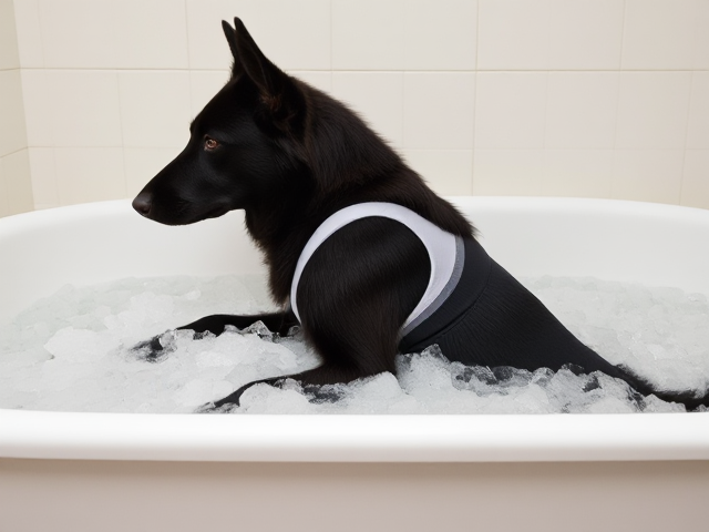A anthropomorphic black German shepherd wearing a gymnastics leotard in a bath tub full of ice