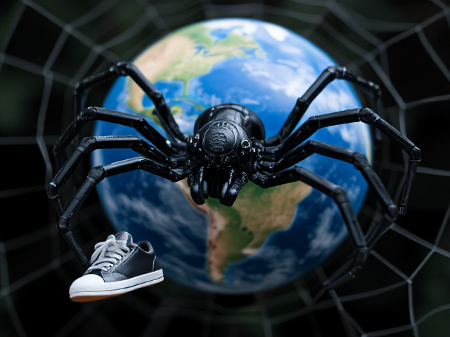 une araignee robot de métal noir , avec des baskets aux pieds tissant sa toile autour du globe terrestre,  en allusion au Web. le globe sera en vue partielle et en gros plan