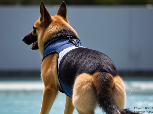 Anthropomorphic German shepherd in a water polo swimsuit, detailed fur texture, athletic build, dynamic pose
