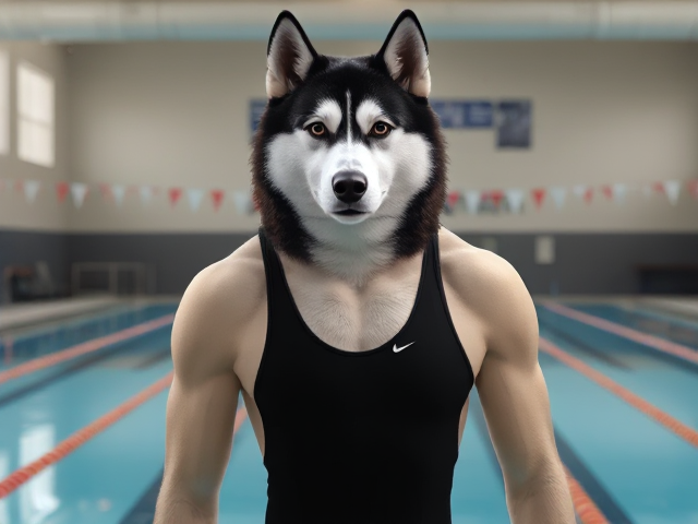 A tall anthropomorphic Siberian husky with a long torso and broad shoulders wearing a high cut Nike one piece swimsuit and swimming goggles at a high school swimming pool