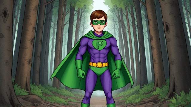 Dramatic Comic Book scene: A young, Autistic 25-year old boy with light skin and flat, smooth, and slick brown hair with a singular curled bang in the shape of a P sticking out at the front named T.J. Granger, but transformed into a genetically-altered superhero named Powerman, who, despite still being a young adult kid, has an extremely muscular body. He wears a sleek purple bodysuit with a green P symbol on his chest, a golden belt with a circular buckle, green briefs, green boots, green long-cuffed gloves, a really big, toe-length long, ultra-wide green cape wreathed around his neck, and a green eye mask that protects his true identity and also causes his pupils to magically disappear as his eyes glow an eerie white. He also has incredible and invincible superpowers flowing through his veins. In this scene, Powerman is currently standing in the forest, ready for action as he waits intently for his Super Hearing to pick up a distant sound.