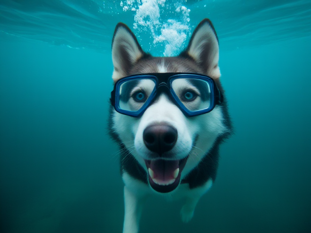 A Siberian Husky wearing Freediving goggles underwater