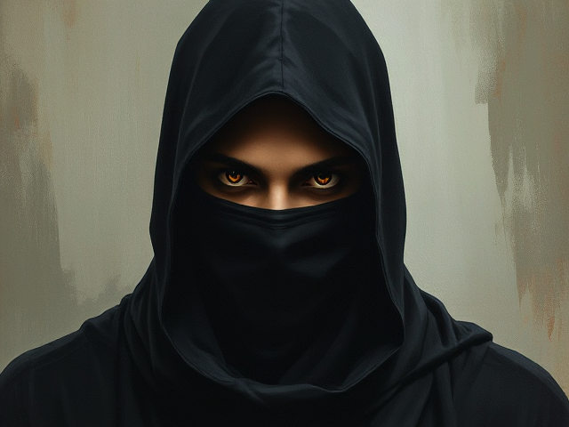 a moody, atmospheric portrait of a mysterious masked figure. The character is cloaked in black, with their face partially obscured by a dark headscarf, leaving only intense, glowing eyes visible. The surrounding background is abstract, painted in muted tones of beige, green, and grey, giving a textured and gritty feel. The art style should resemble an impressionistic oil painting, with visible brushstrokes and a focus on dramatic lighting and shadow. The overall composition conveys an air of enigma and subtle danger, with soft, blended edges contrasting with the sharpness of the eyes.